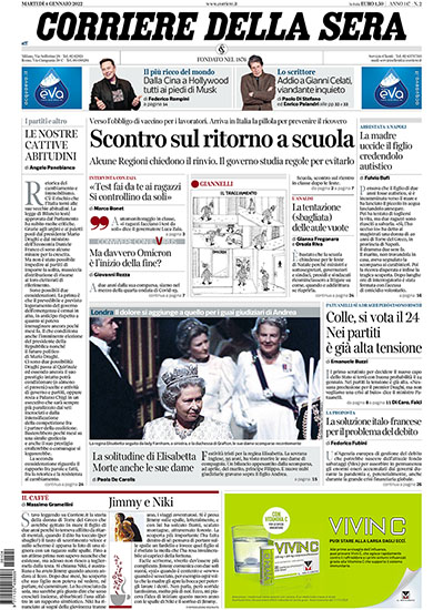 Corriere della Sera n.2 del 4 gennaio 2022 - rassegna stampa - Prof. Nicola Sorrentino