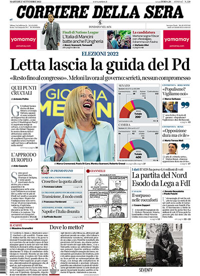 Corriere della Sera n.229 del 27 settembre 2022 - rassegna stampa - Prof. Nicola Sorrentino